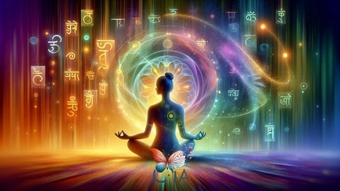 a person sitting in a meditation position with a colorful background en una reconeción cuántica