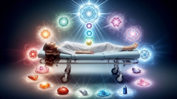 una mujer en la camilla rodeada de cristales practica cristaloterapia cuántica