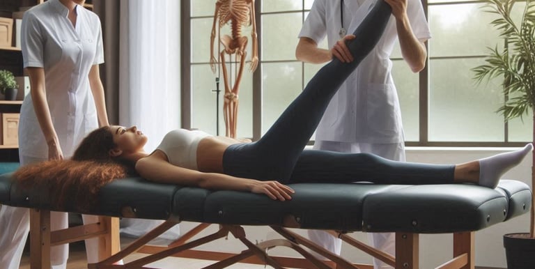 a woman is doing a leggy stretch out on a massage table