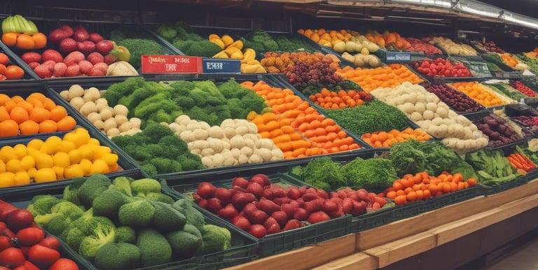 A large, single-story supermarket building with a prominent glass facade. The structure features a white exterior with a sloped, terracotta-colored roof. Near the top of the building, a brightly colored sign with a blue border and a yellow circle is prominently displayed. Below, the windows showcase promotional posters inside.
