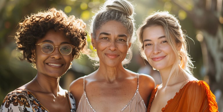 3 femmes souriante regardant l'objectif. Sororité