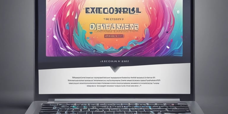 A laptop computer with a website displayed on the screen featuring the text 'Exceptional Web Application design & development'. The laptop is on a dark surface, and the website has a clean and modern design with a light background and colorful text elements.
