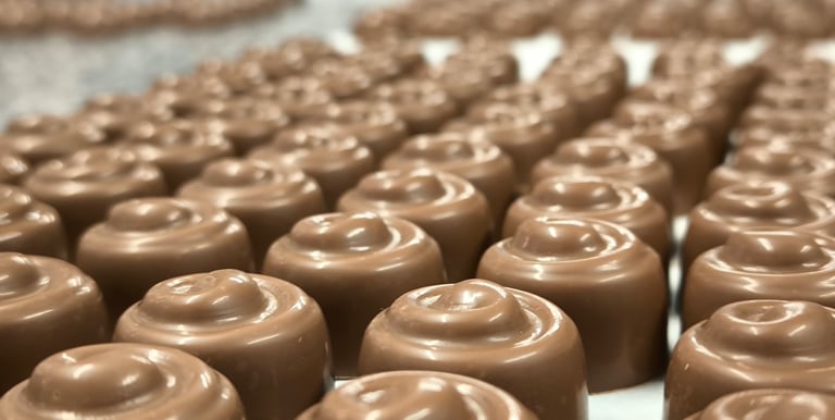 Bombó de xocolata amb llet i blat de moro fregit a l''obrador de xocolata artesanal Ambrosia Andorra