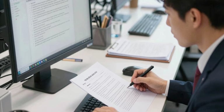Close-up of hands reviewing detailed financial paperwork with a pen on a clean white surface.