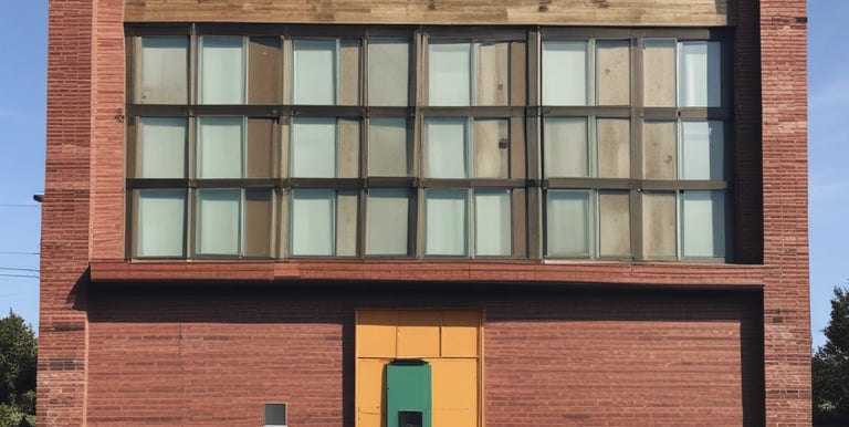 A construction site covered with blue scaffolding is visible. Several signs and banners advertising construction companies and services are attached to the scaffolding. There are details indicating restoration work being done, including contact information and project descriptions.