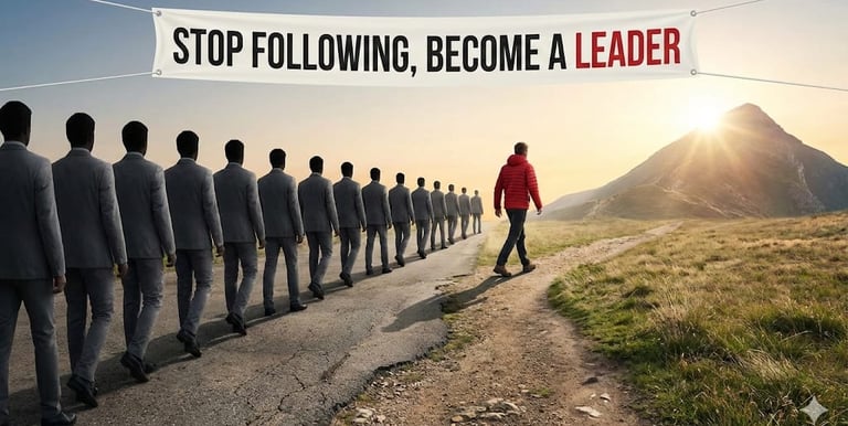 a man walking down a road with a banner saying stop following become a leader