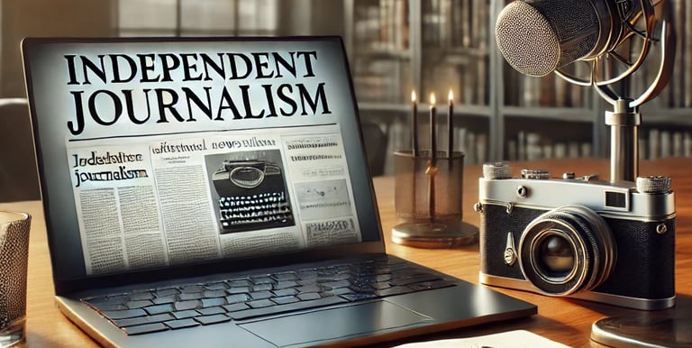Mesa com microfone, câmera e laptop, simbolizando jornalismo investigativo.