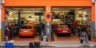 a garage with a car in the garage