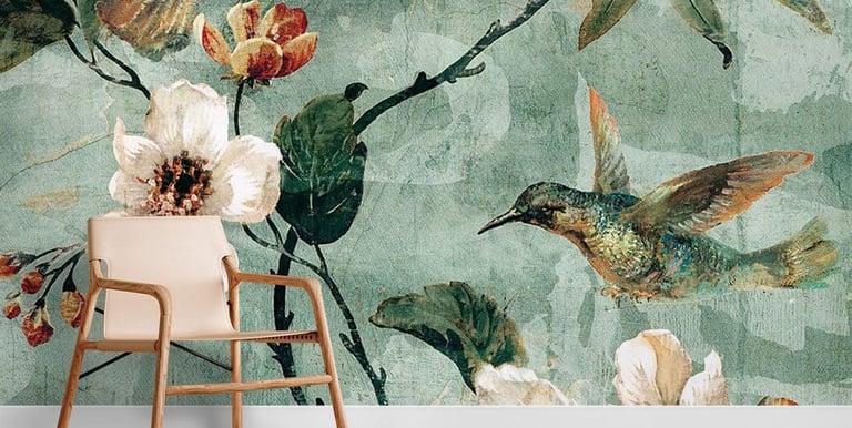 a chair and a chair with nice wallpaper showing flower in the background