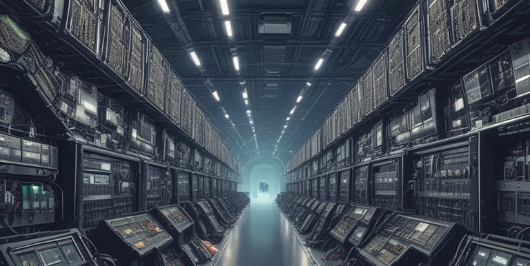 Large blue letters 'AI' stand prominently on a surface covered with a pattern of hexagonal shapes. Dark swirling lines intersect around the letters, creating a sense of motion and complexity. The background has a metallic sheen with a futuristic, digital style.