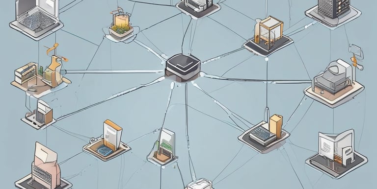 A dimly lit room features a prominent illuminated sign displaying the words 'Sysco LABS.' Below the sign are office desks with various electronic devices, including laptops and cables. The lighting creates a cool and professional atmosphere.