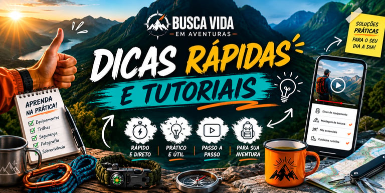 Dicas rápidas e tutoriais de aventura com equipamentos de trilha e smartphone em cenário de montanha.