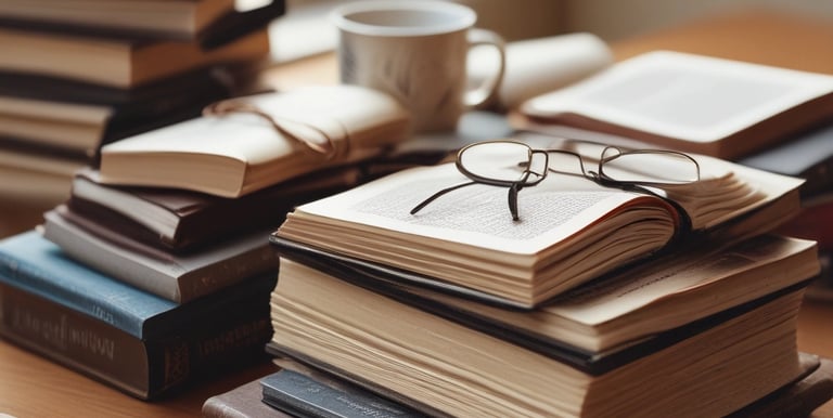 An open book with a pen resting on its pages.
