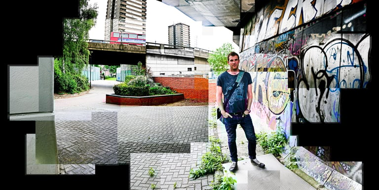 Joiner photo of a man standing next to a wall