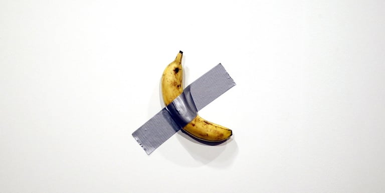 Una banana fissata al muro con nastro adesivo, simbolo di arte contemporanea provocatoria.