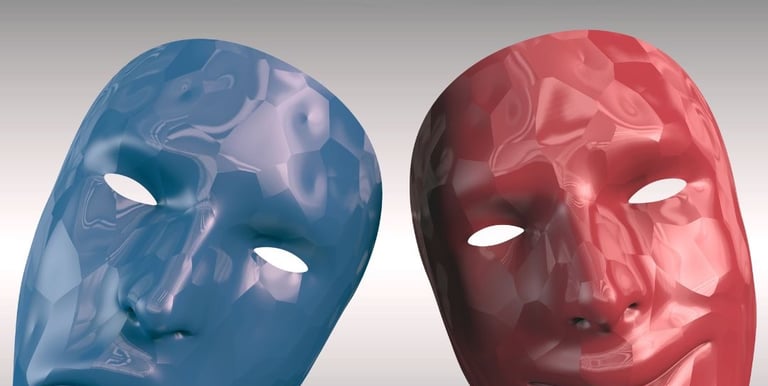 Due maschere artistiche, una blu e una rossa, con texture sfaccettata e stile concettuale.