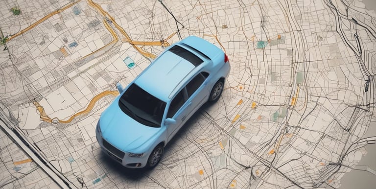 A circular car infotainment display features a GPS navigation interface showing a detailed map with various geographic features. The interface includes navigation icons and options beneath the display, and the outer rim is illuminated with a blue LED light.