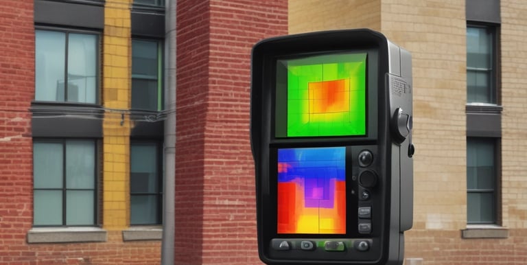 Close-up of a professional using thermal imaging camera during building inspection.