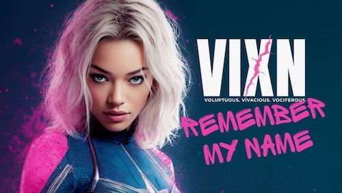 Cinematic Pop & Beats — playlist thumbnail for Sessions on the Green featuring a futuristic woman in vivid pink and blue