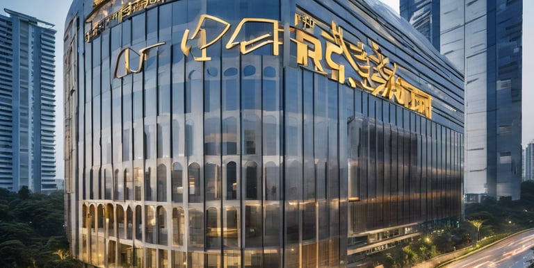 a building with a large glass building with a sign that says pizza