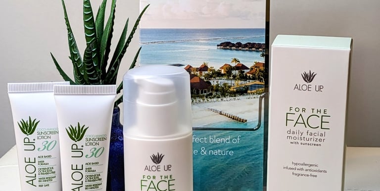 aloe up suncare products with a brochure and aloe plant