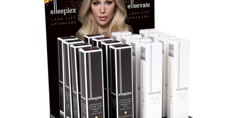 elleebana lash serum and elleevate mascara in a retail display case