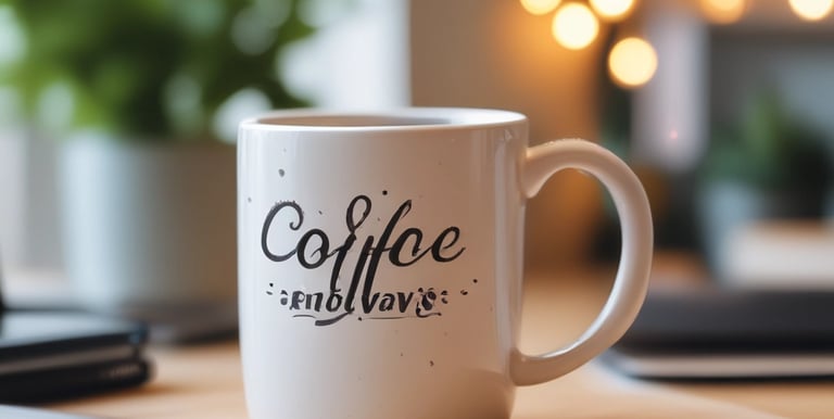 A collection of colorful notebooks and mugs arranged on a wooden table.
