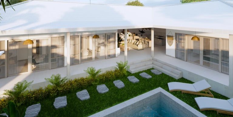 Villa construction in Bali: modern house with living room open to the swimming pool and tropical gar