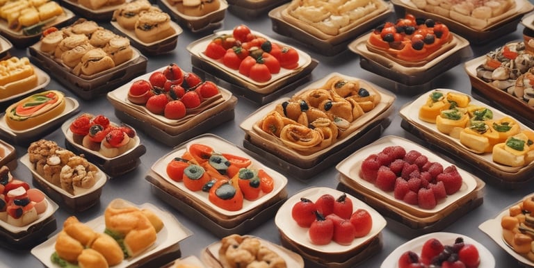 A set of elegantly plated appetizers displayed on wooden trays with decorative gold-colored stands. The dishes are presented on small white boat-shaped dishes, containing portions of salmon garnished with herbs. The setting appears to be outdoors, possibly at a catered event or upscale gathering.