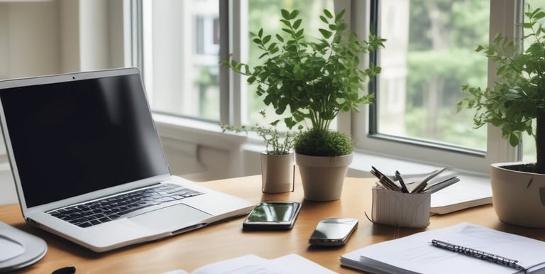 Modern office desk with laptop and documents, symbolizing remote property management.