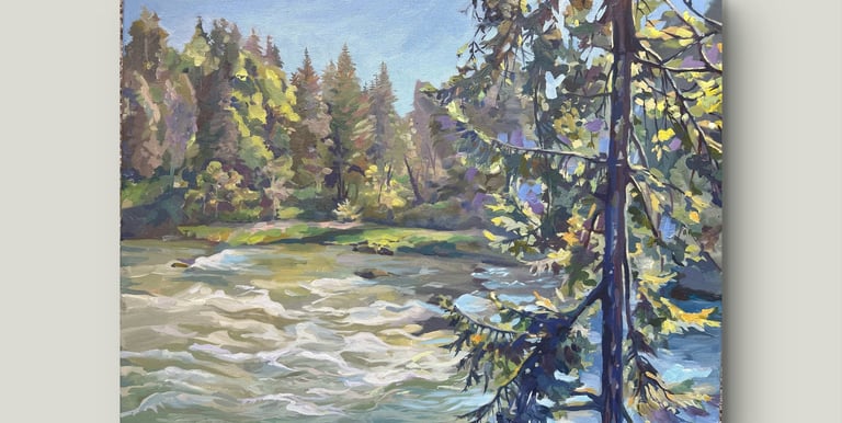 'Enchanted River Where Nature's Force Unfolds' 18x24 inches River Landscape Oil Painting by Angela M