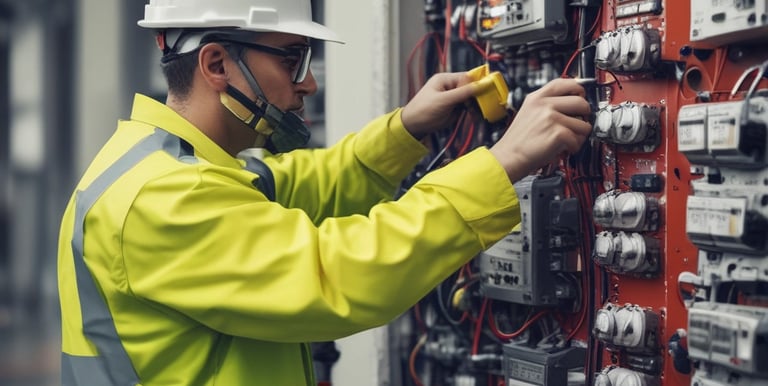 An electrical setup with several electronic devices and wires taped to a white wall. Blue tape is used to secure black cables and devices, which appear to be power adapters or similar equipment.