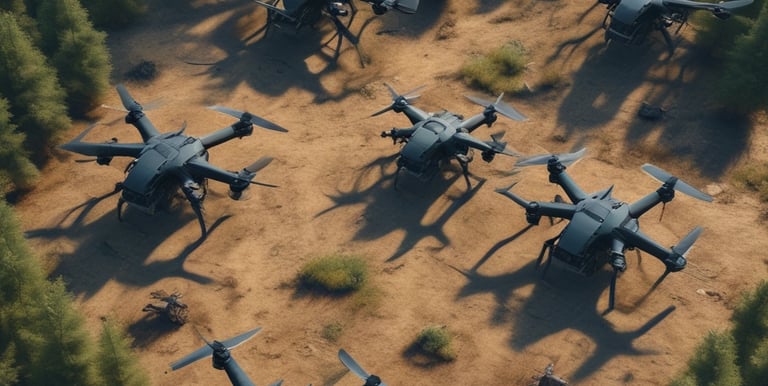 A white quadcopter drone with four rotors is resting on a concrete surface. Accompanying the drone is a white remote controller with dual joysticks and a smartphone mounted on the top.