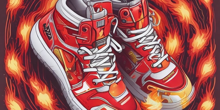 A close-up of trendy sneakers on a vibrant urban background.