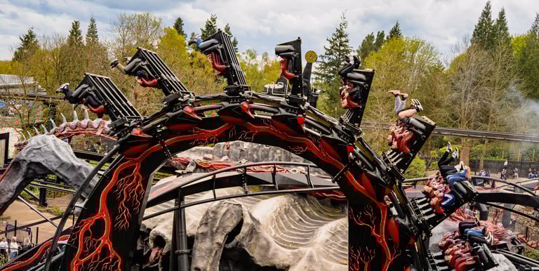 Roller Coaster in an inverted loop with people with legs in the air