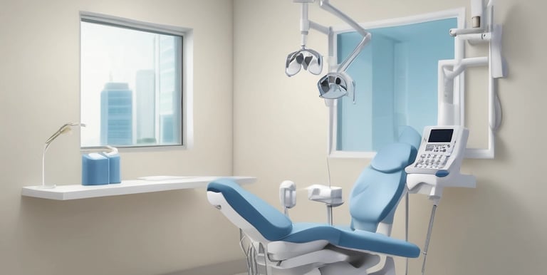 A modern building with large glass windows and a sign reading 'Pilappilly Tower' at the top. It houses a dentist clinic, with a green and white sign advertising it as a multi-specialty dental clinic. Below the clinic sign, there is a larger black sign with decorative text in another language. The surrounding environment includes electrical wires and a few trees visible to the right side.