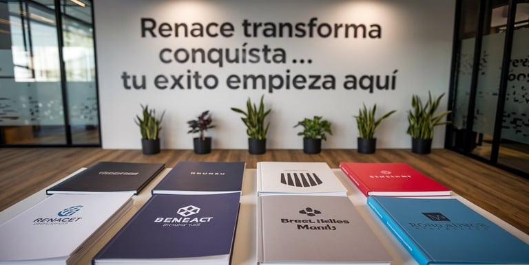 mustras de varios manuales de marca sobre la mesa con frase inspiracional al fondo