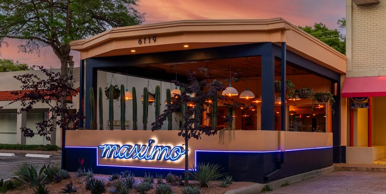 exterior photo of Maximo, featuring a logo developed by letterset 