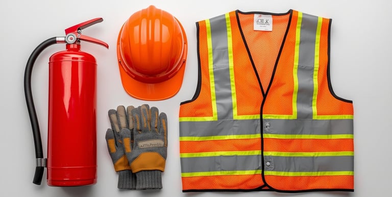 reflective vest, helmet, fire extinguisher, protective gloves