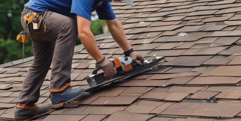 A person is sitting on a rooftop while holding a coiled tool, possibly working on a metal chimney. The roof has a slightly weathered appearance with dark tiles.