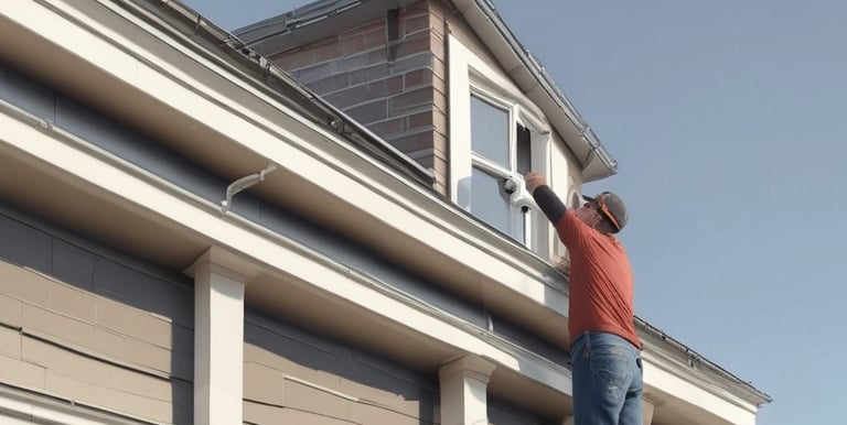 A person is working on a corrugated metal roof, wearing a harness for safety. They appear to be engaged in some kind of maintenance or repair work, holding equipment or tools. The roof is weathered and shows patches of rust and wear.