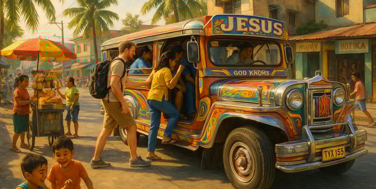 People boarding a colorful Jeepney in the Philippines on a busy street with vendors, palm trees, and afternoon sunlight.