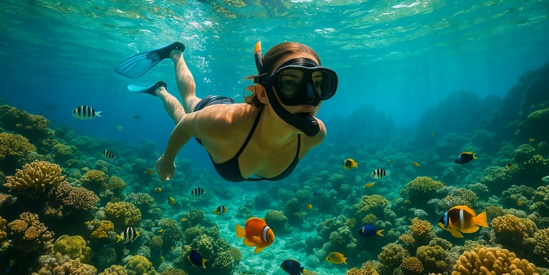 Close-up underwater view of a snorkeler in El Nido, Palawan, surrounded by coral reefs and tropical fish with sunlight stream