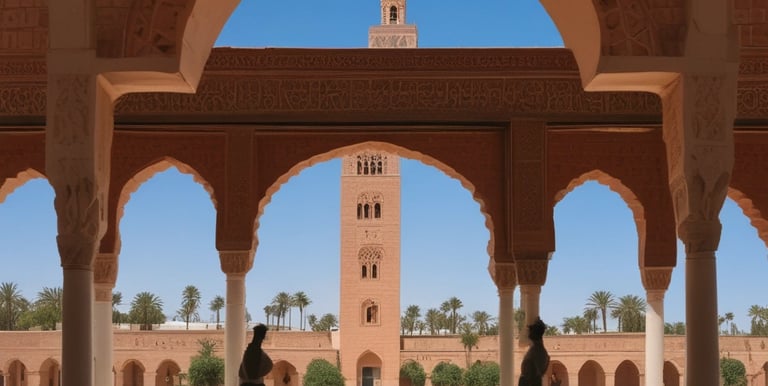 A bustling street scene in a Moroccan city, featuring white and blue buildings with a large tower in the background. The street is filled with people, shops, and colorful market stalls. Various goods are displayed, creating a vibrant and lively atmosphere under a clear blue sky.