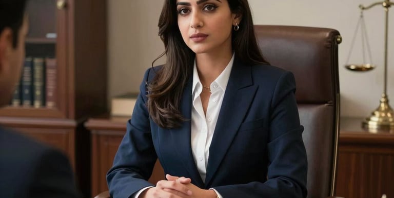 Close-up of legal documents and a pen on a polished wooden desk with law books in the background.