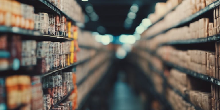 A small market or street vendor with several women interacting around a table displaying various goods, including packaged food items and bottled products. The vendor is situated in a busy area, with posters and shelves filled with merchandise in the background. The atmosphere is casual, with women wearing a variety of colorful clothing styles.