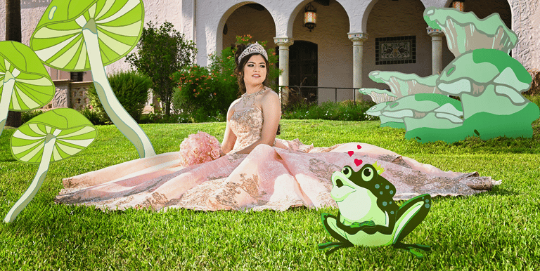 a woman sitting on a blanket in a garden quinceanera