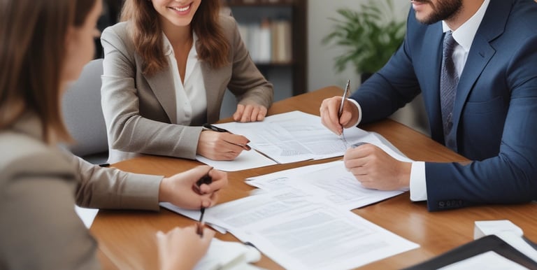A professional lawyer consulting with a client in an office.