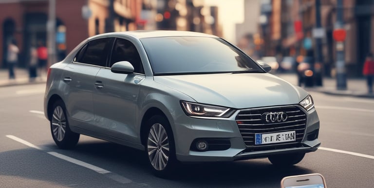 A car interior focusing on the dashboard with a built-in GPS navigation system. The screen displays a map with streets highlighted in green and gray. The dashboard has a modern design with illuminated blue lights outlining the circular screen.