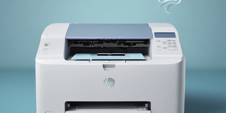 A monochrome image of a black multifunction printer with the brand name visible on the top. The printer displays a control panel and an open paper tray. It is positioned against a plain wall with a small portion of a person or object partially visible in the foreground.